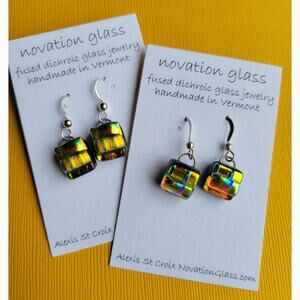 Two Pair Fused Dichroic Glass Dangle Earrings with Sterling Hooks Handmade